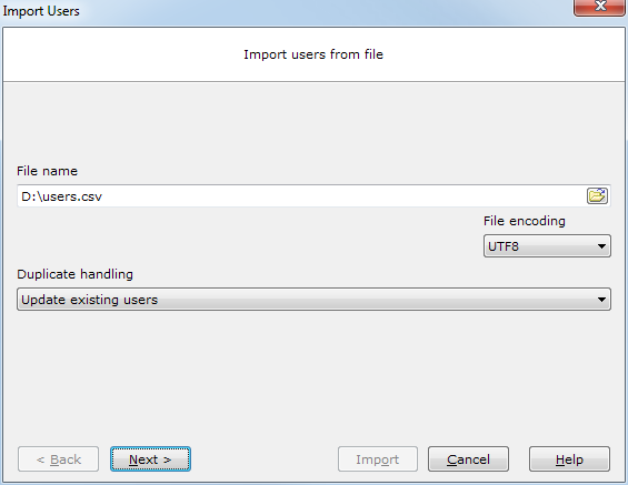 This image shows the Import Users from CSV dialog.